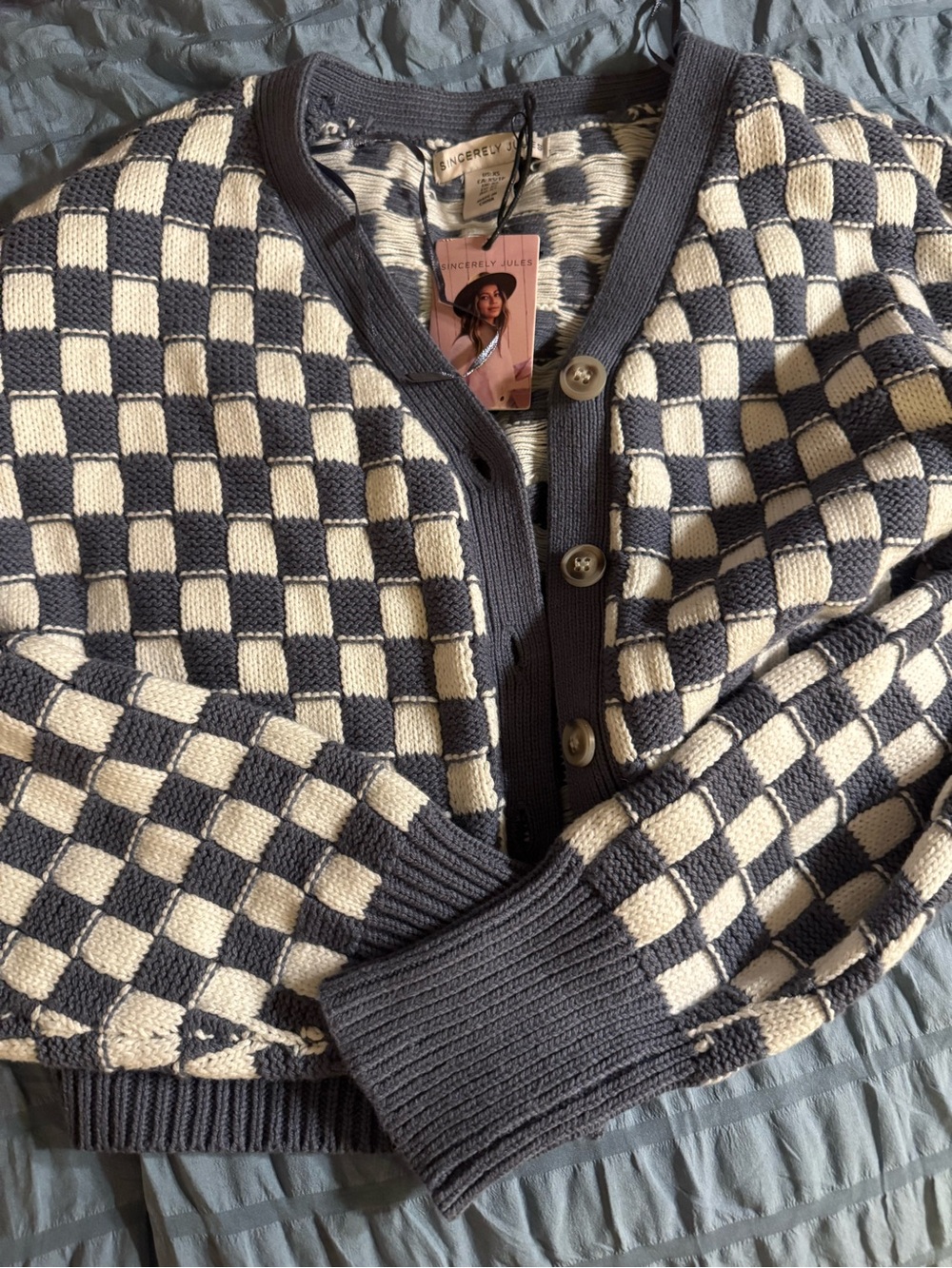 Sincerly Jules Navy and Cream Checker Knit Cardigan